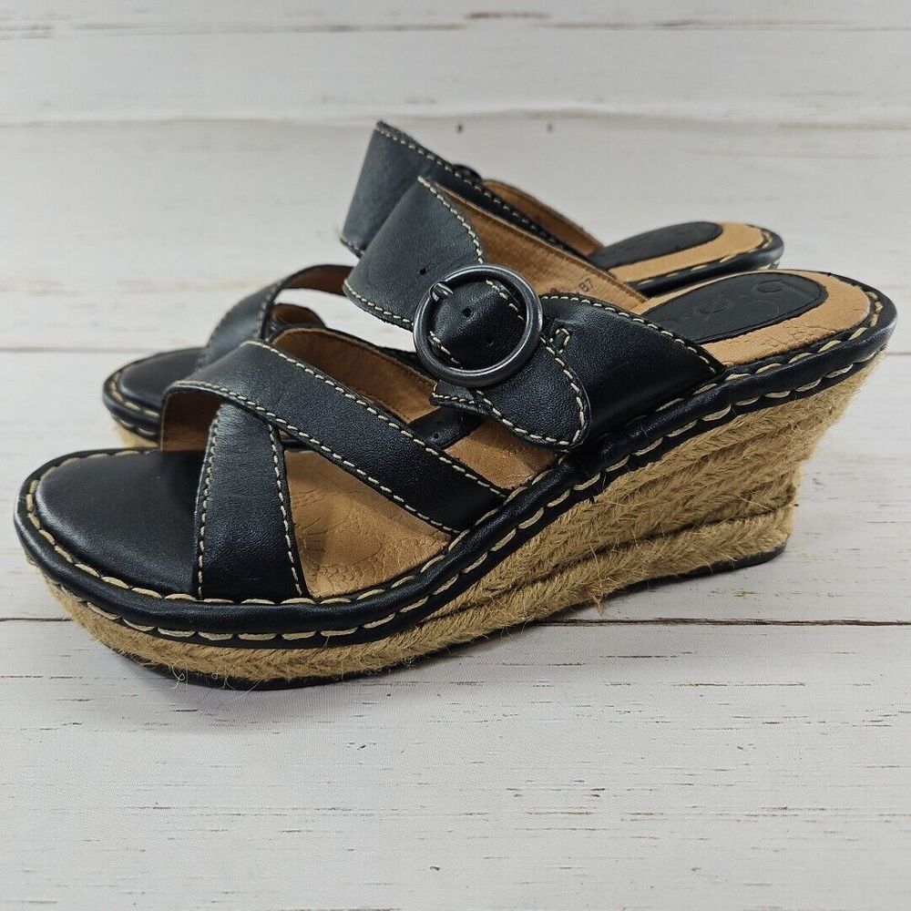 Born Boc Wedge‎ Sandals Womens 7 Black Leather Comfort Espadrille Strappy Shoe